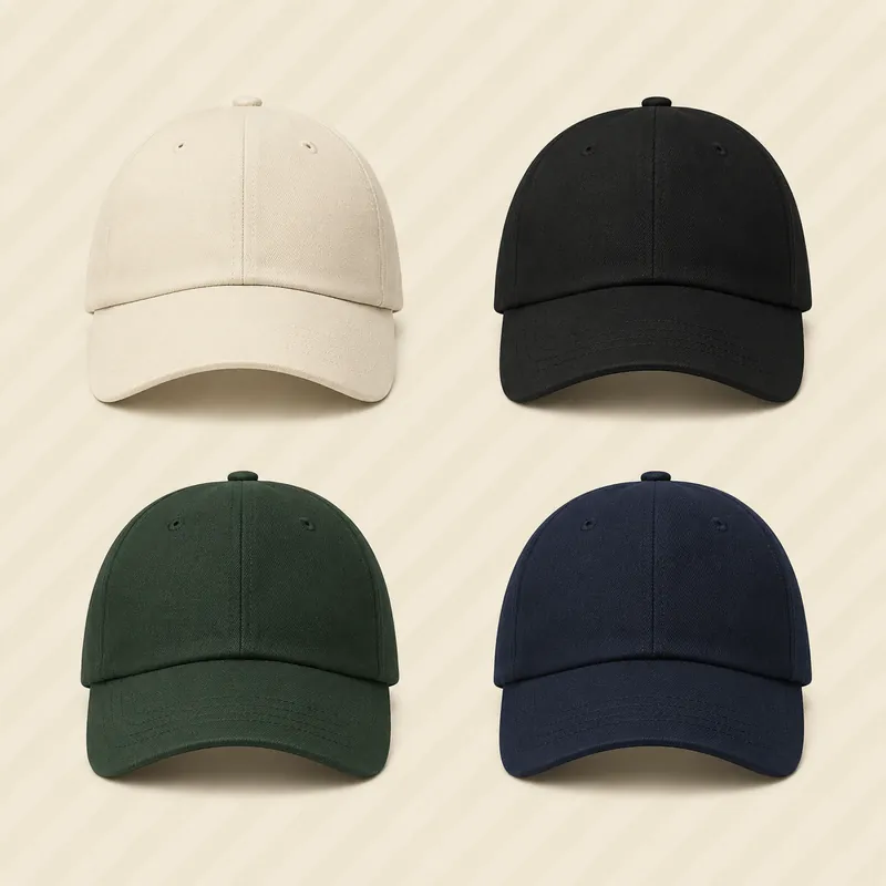 Custom caps in cream, black, forest green, and navy