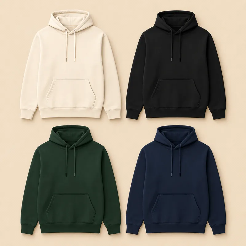 Custom hoodies in cream, black, forest green, and navy