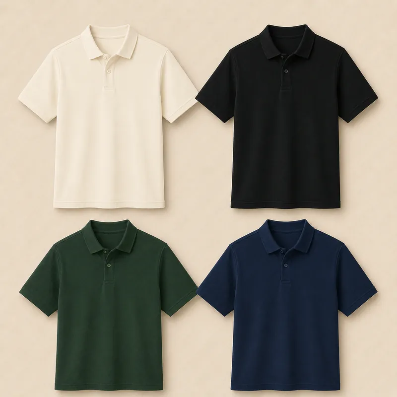 Custom polos in cream, black, forest green, and navy