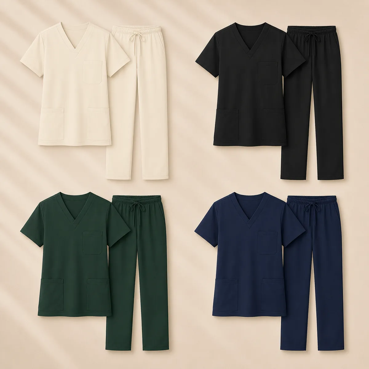 Custom scrubs in cream, black, forest green, and navy
