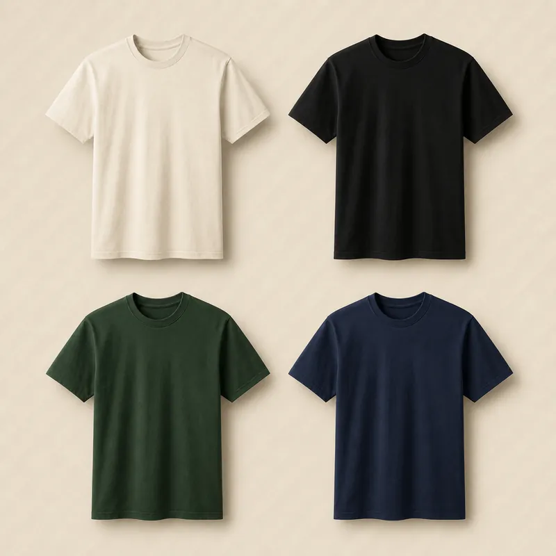 Custom t-shirts in cream, black, forest green, and navy